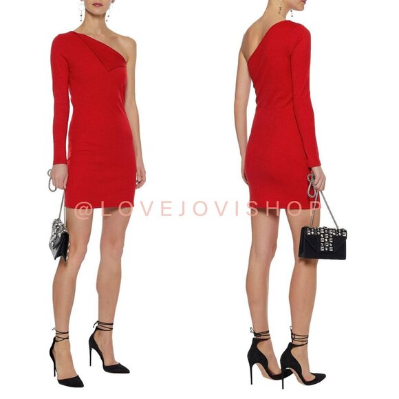 NYE Glam | NWT! Walter Baker Red Ribbed Stretch One Shoulder Mini Party Cocktail - Picture 2 of 15